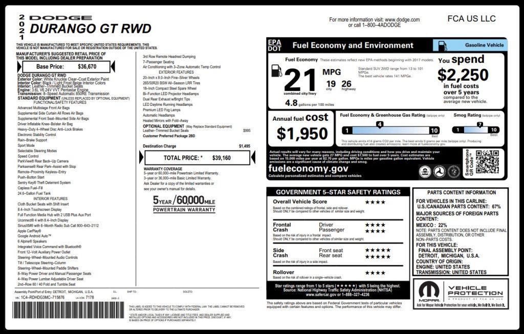 2021 Dodge Durango - $18,900