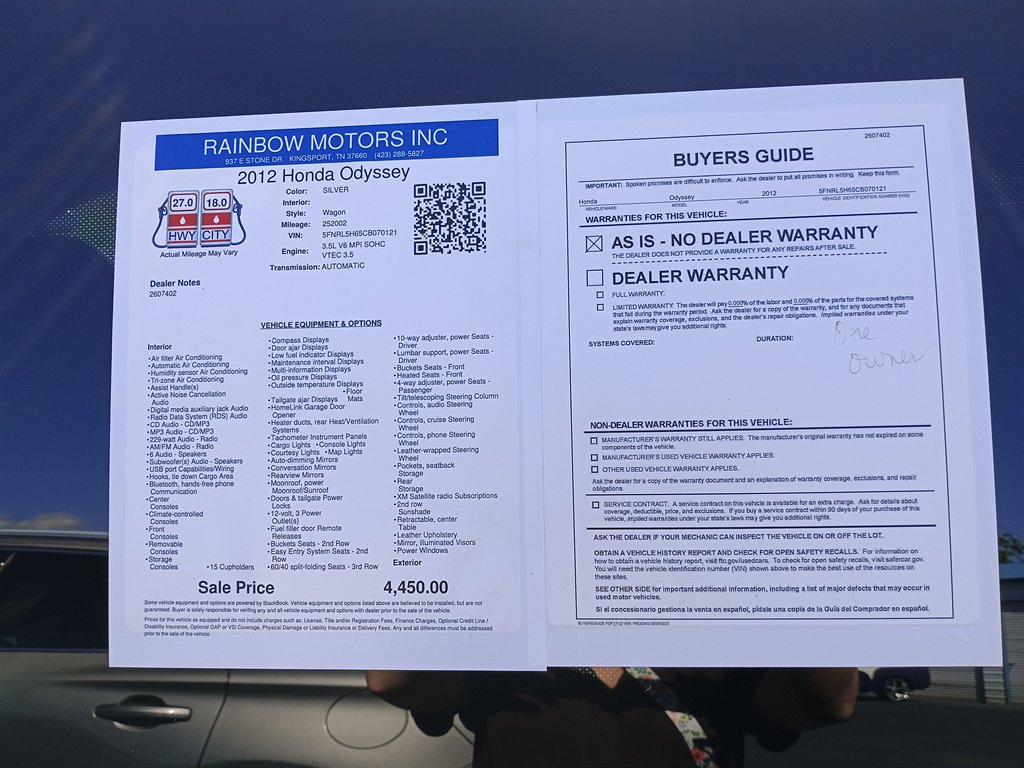 2012 Honda Odyssey - $4,450