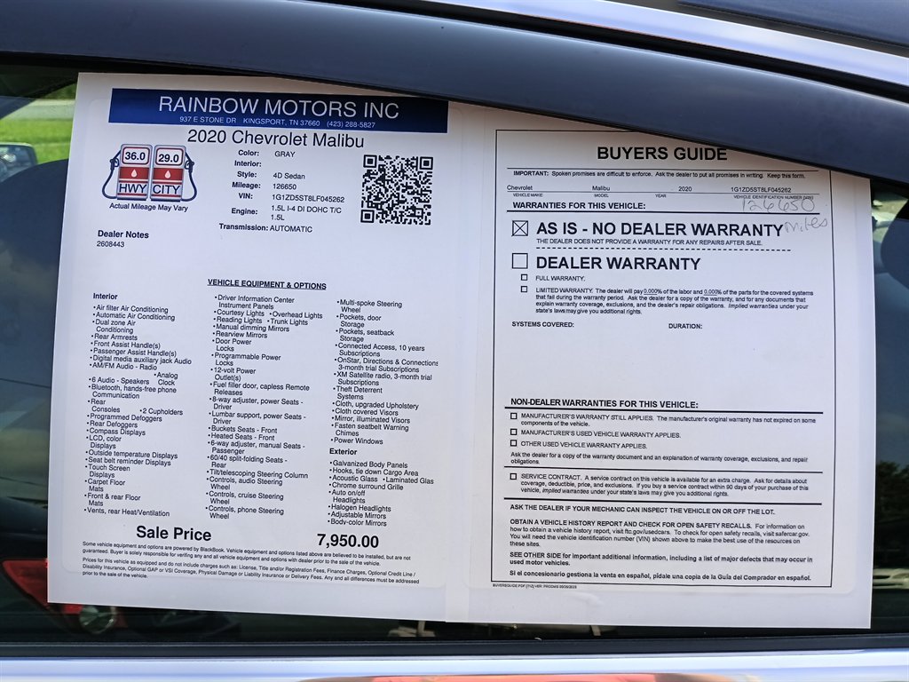 2020 Chevrolet Malibu - $7,950