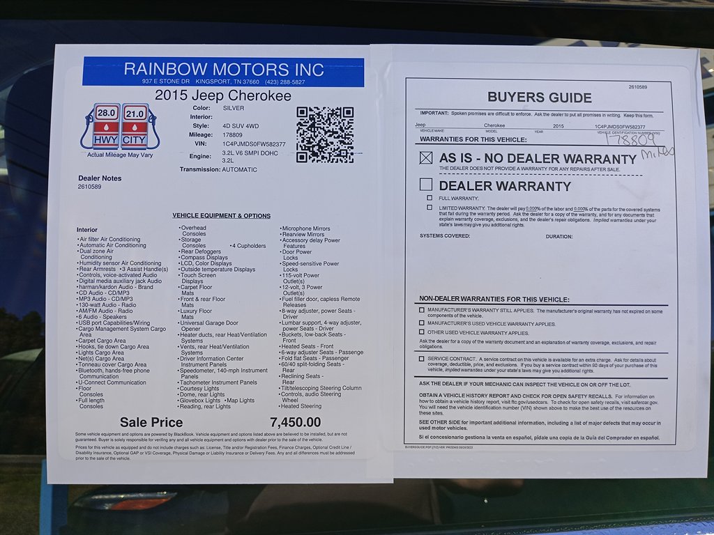 2015 Jeep Cherokee - $7,450