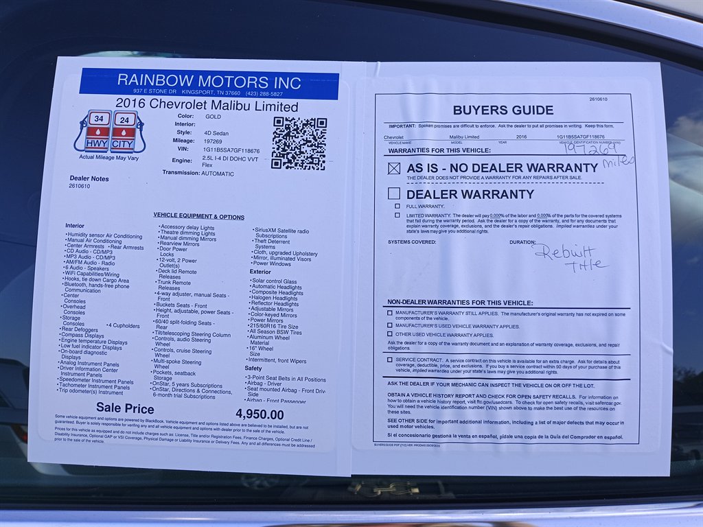 2016 Chevrolet Malibu - $4,950