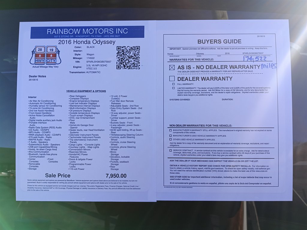 2016 Honda Odyssey - $7,950