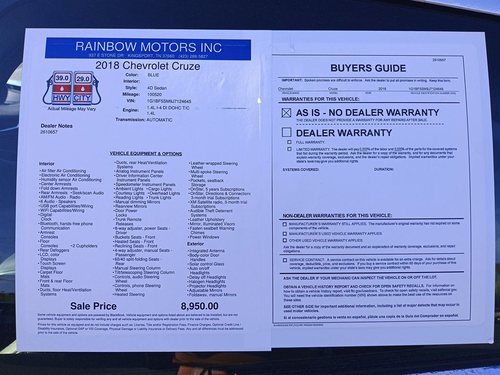 2018 Chevrolet Cruze - $8,950