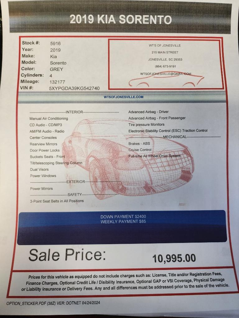 2019 Kia Sorento - $10,995