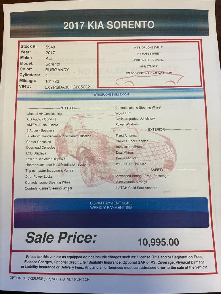 2017 Kia Sorento - $10,995
