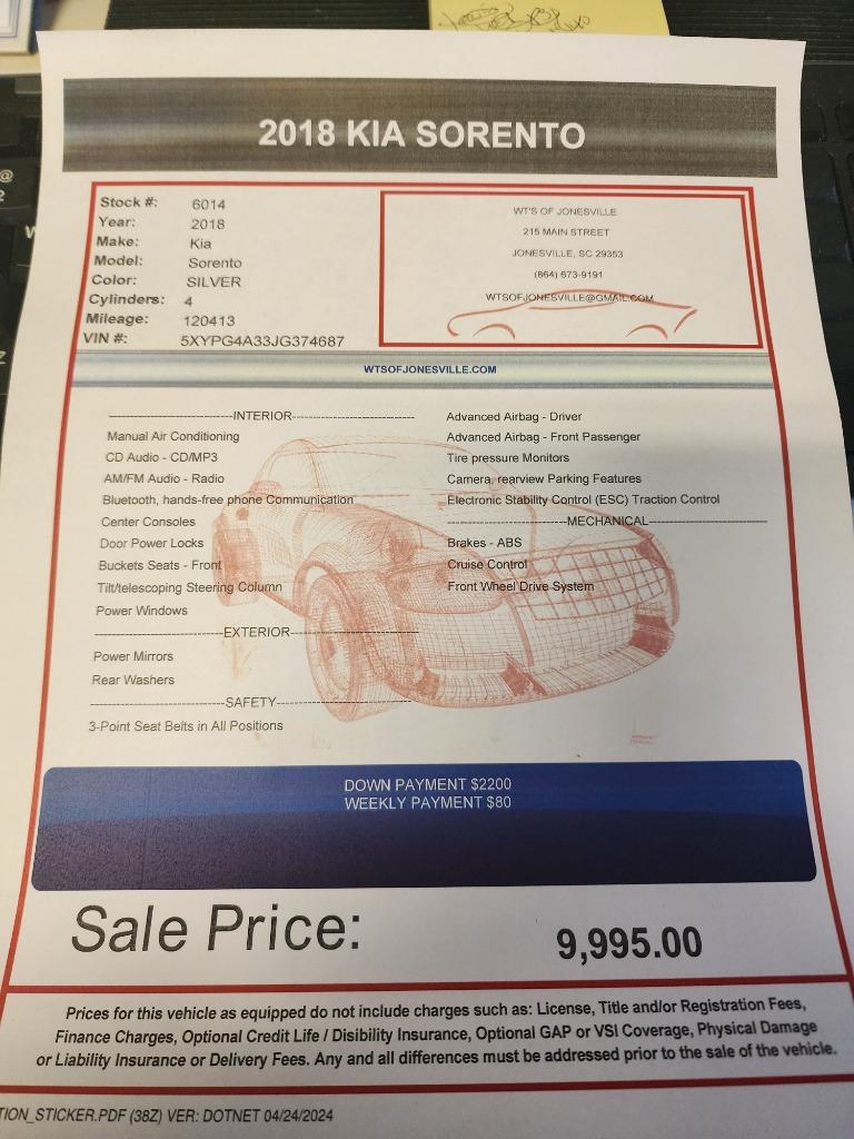 2018 Kia Sorento - $9,995