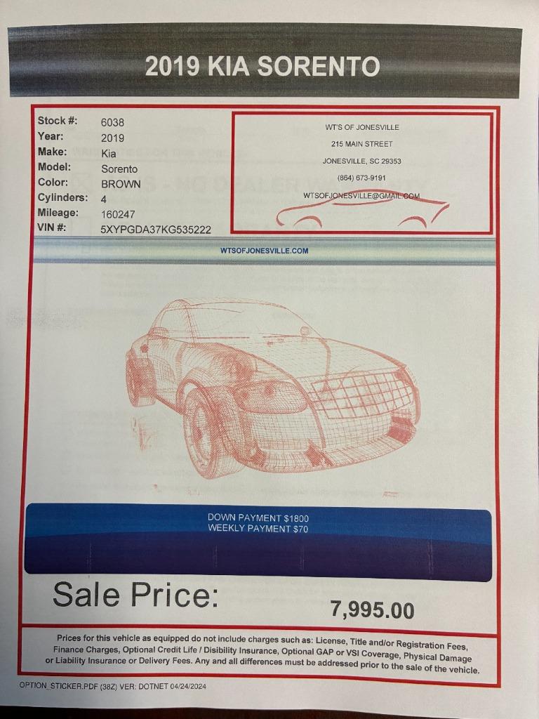 2019 Kia Sorento - $7,995