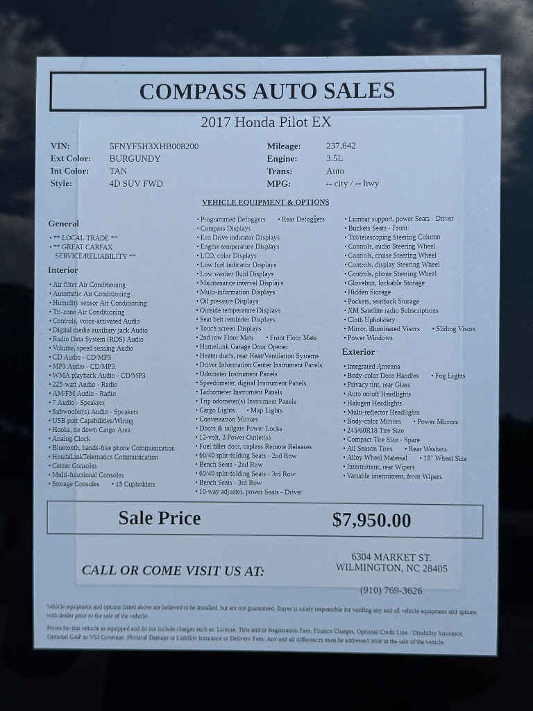 2017 Honda Pilot - $8,950