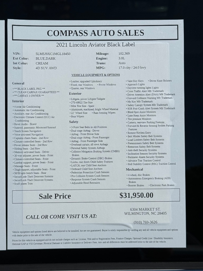 2021 Lincoln Aviator - $31,950