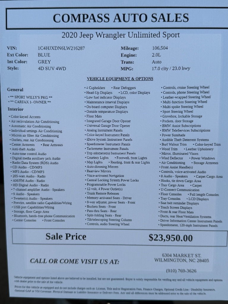 2020 Jeep Wrangler - $23,950
