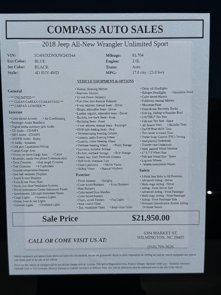2018 Jeep Wrangler - $21,950