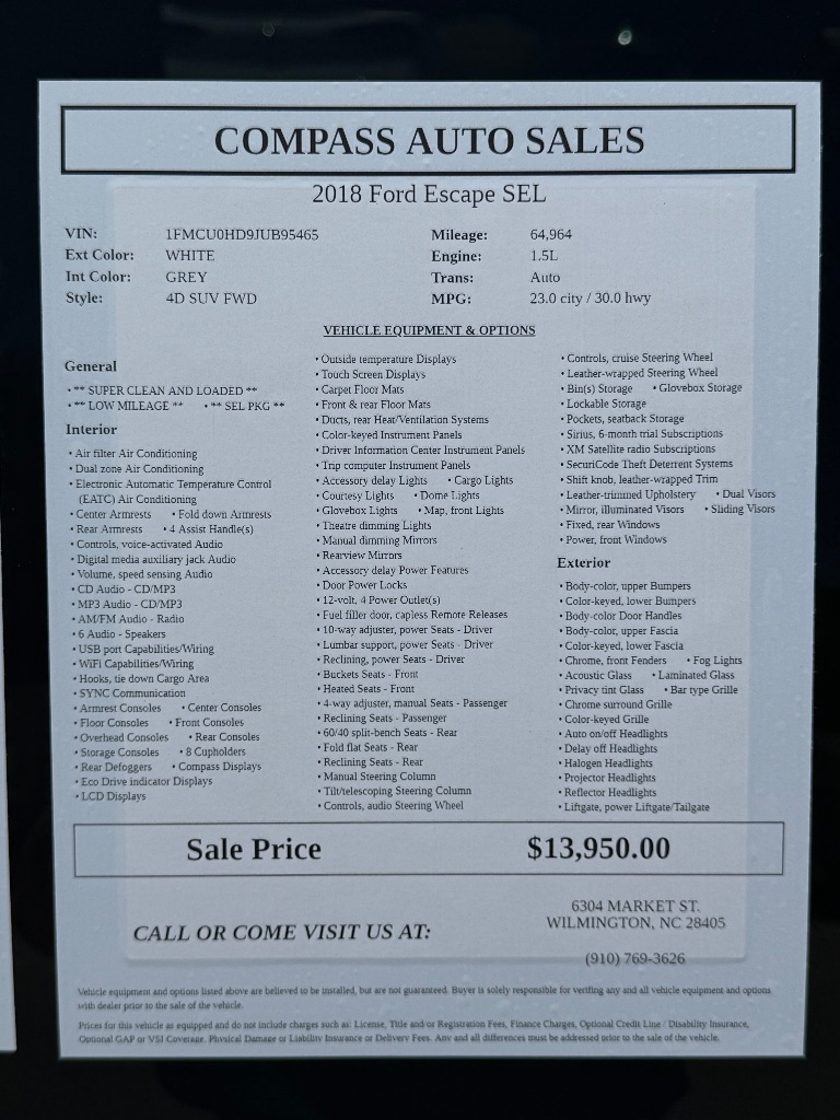 2018 Ford Escape - $14,250