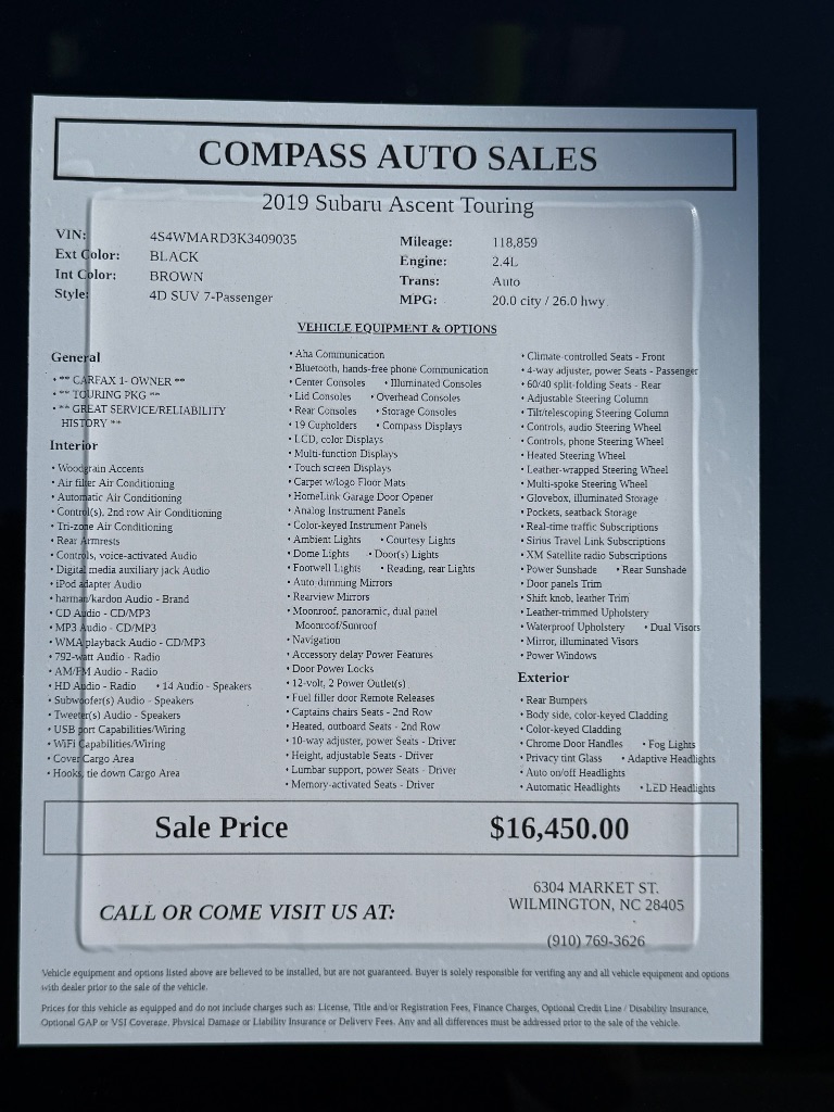 2019 Subaru Ascent - $16,950