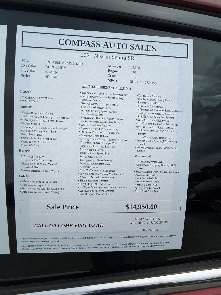 2021 Nissan Sentra - $15,450