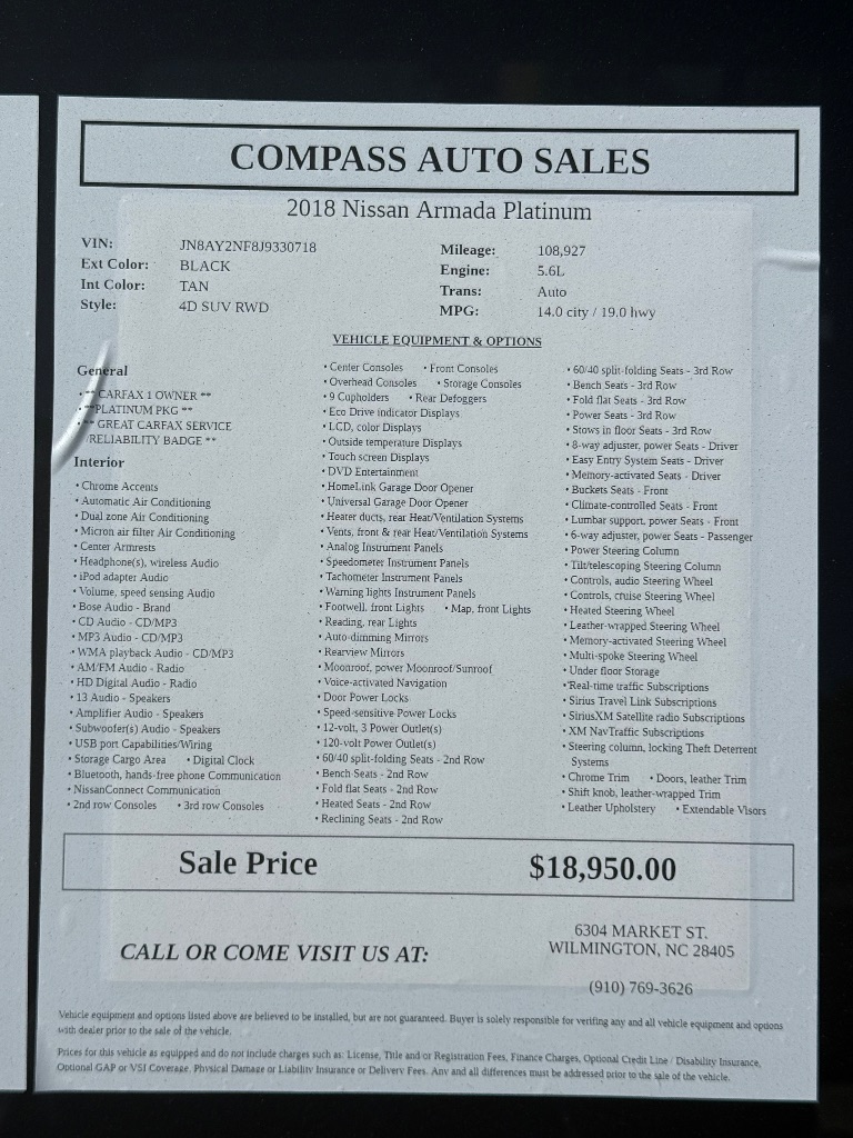 2018 Nissan Armada - $18,950