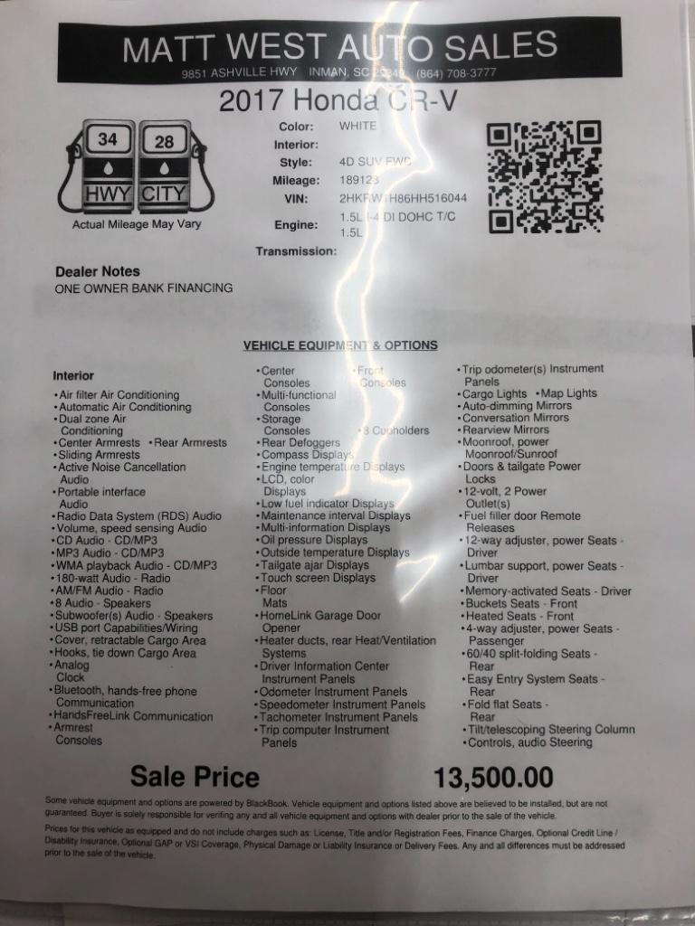 2017 Honda CR-V - $13,500