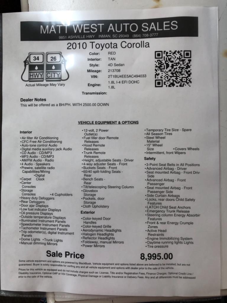 2010 Toyota Corolla - $8,995