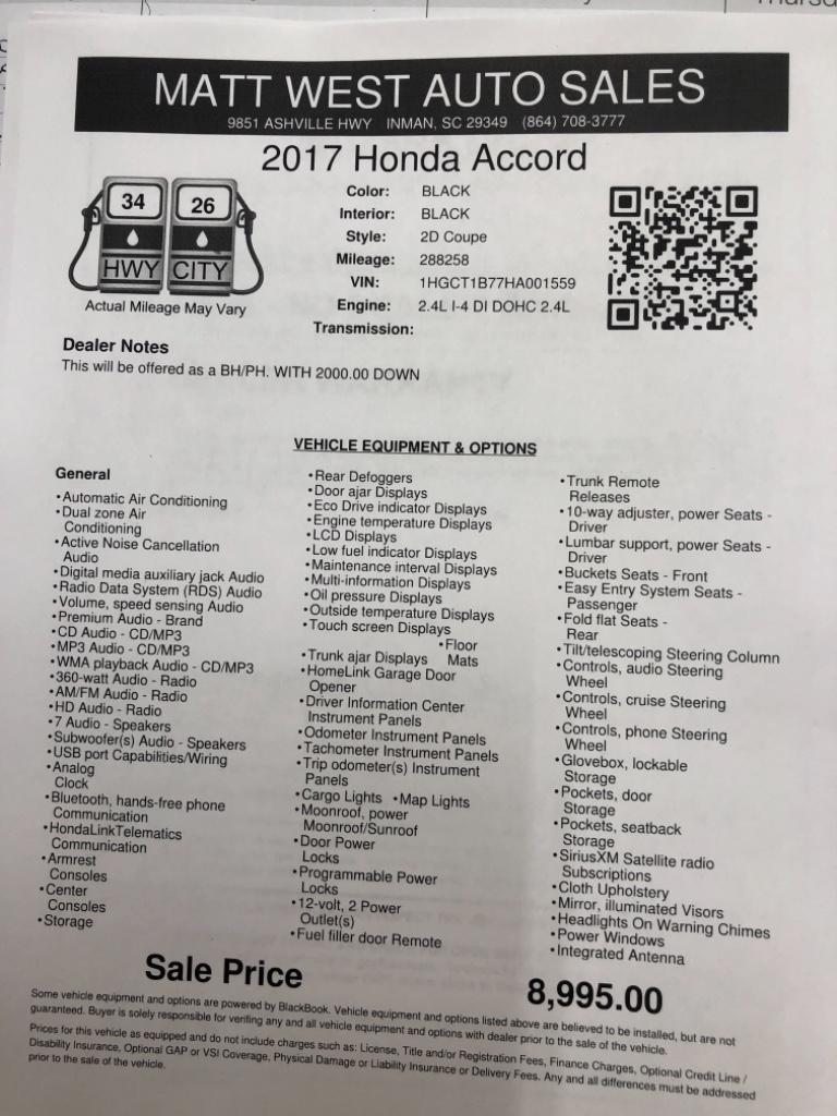 2017 Honda Accord - $8,995