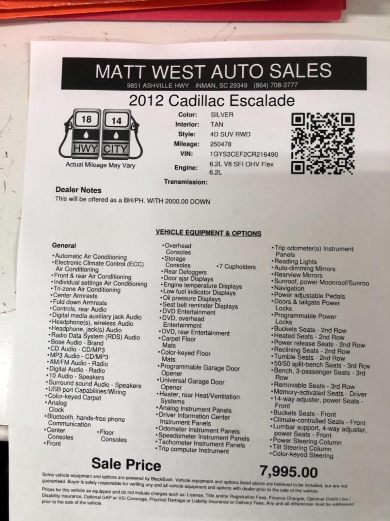 2012 Cadillac Escalade - $7,995