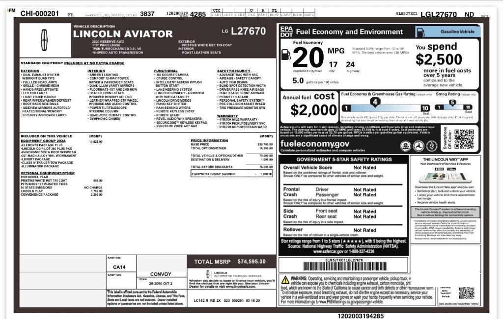 2020 Lincoln Aviator - $33,588