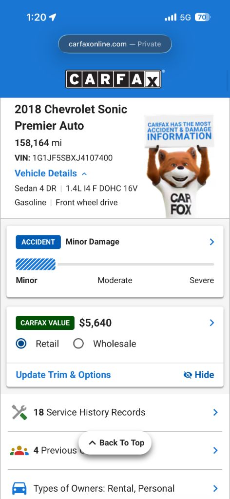 2018 Chevrolet Sonic - $5,600