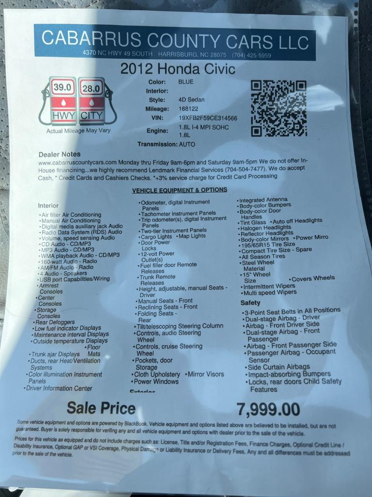 2012 Honda Civic - $7,999