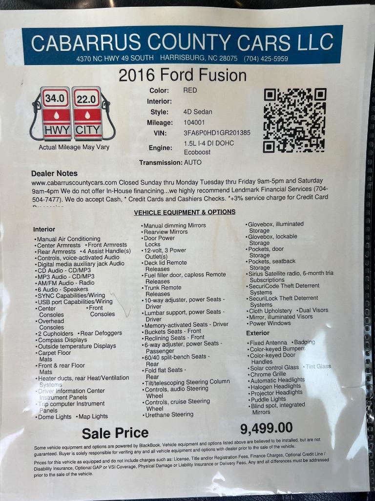 2016 Ford Fusion - $9,499