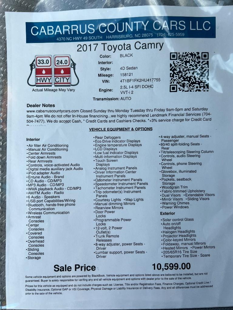 2017 Toyota Camry - $10,798
