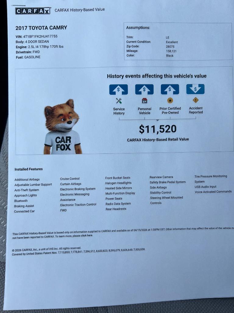 2017 Toyota Camry - $10,798