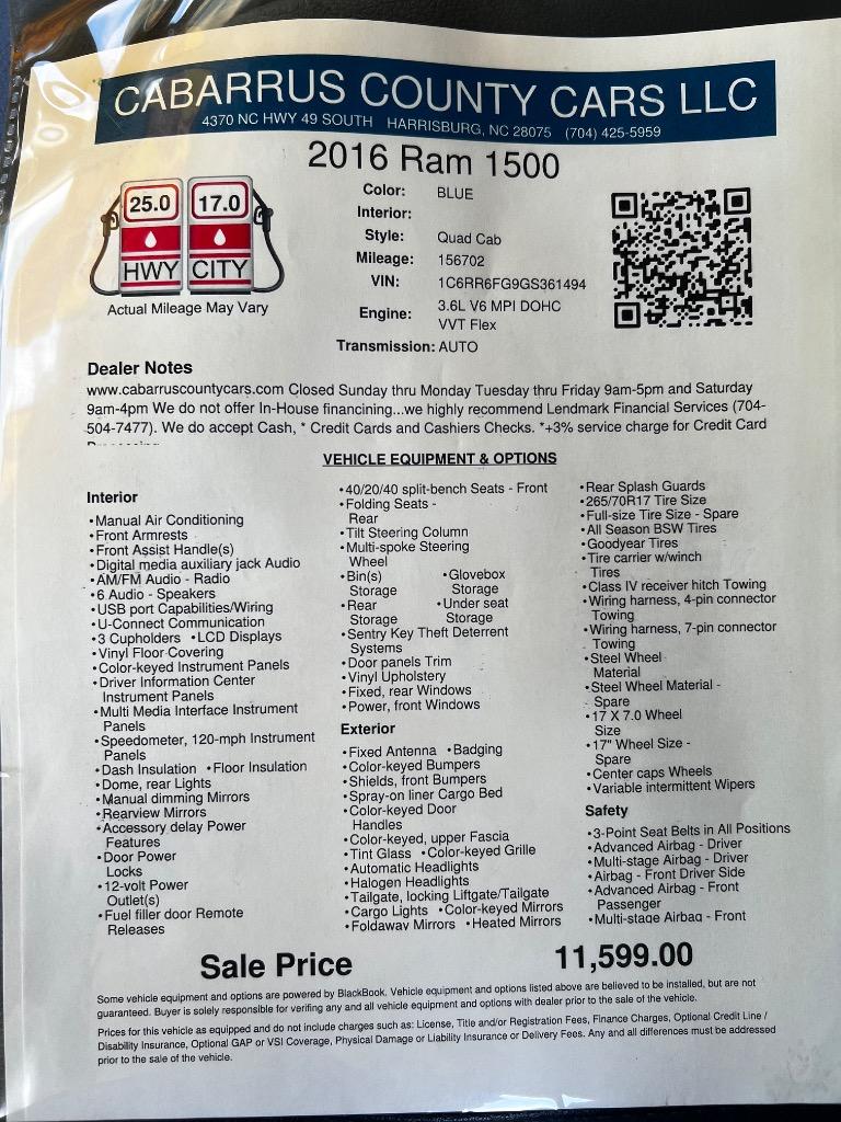 2016 Ram 1500 - $11,599