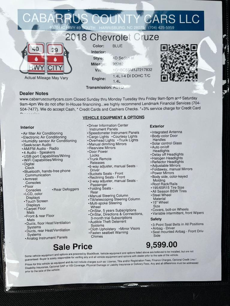 2018 Chevrolet Cruze - $9,599