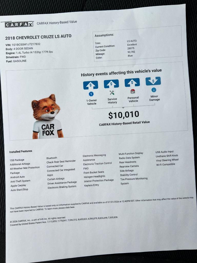 2018 Chevrolet Cruze - $9,599