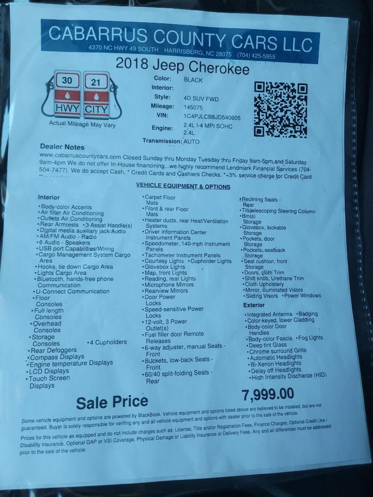 2018 Jeep Cherokee - $7,999