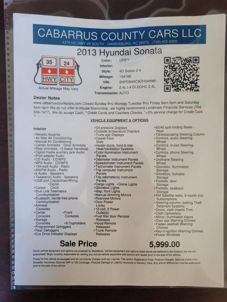 2013 Hyundai Sonata - $5,999