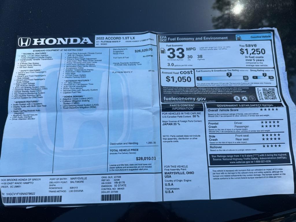 2022 Honda Accord - $23,900