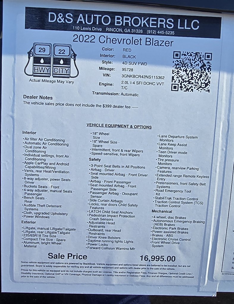 2022 Chevrolet Blazer - $16,995