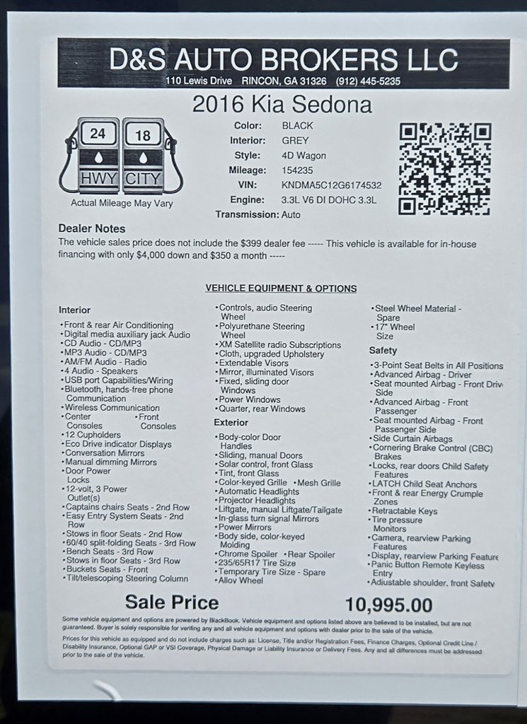2016 Kia Sedona - $10,995
