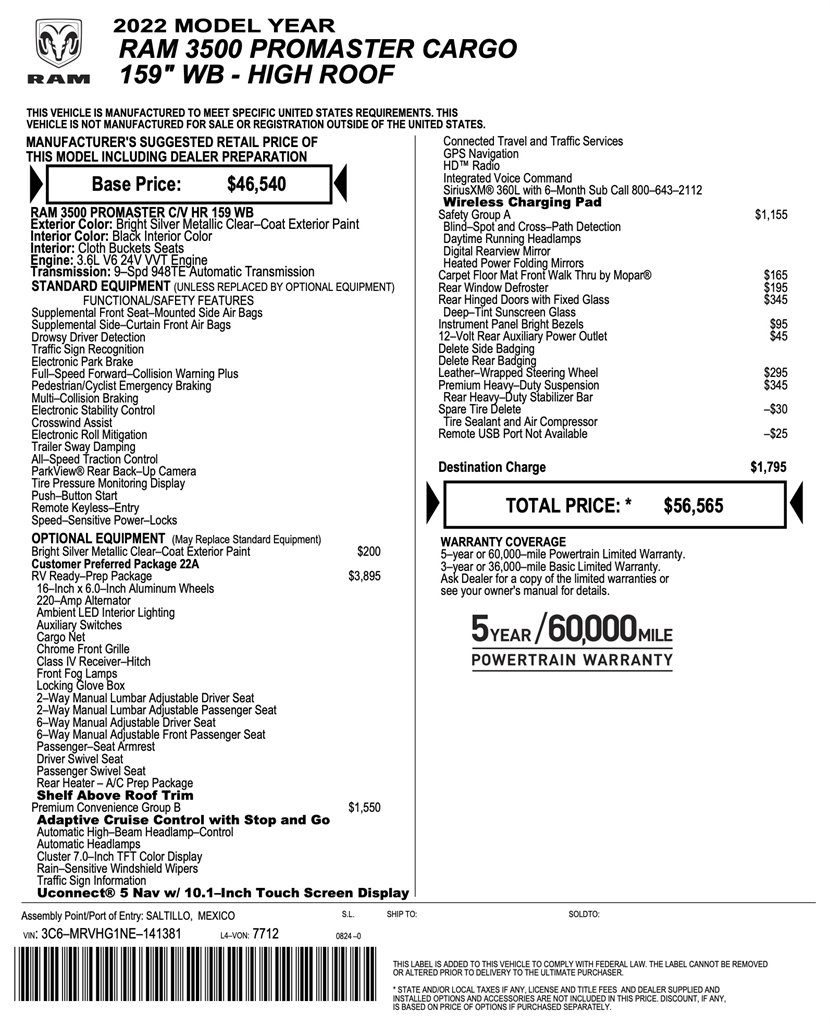 2023 Ram ProMaster 3500 - $112,950