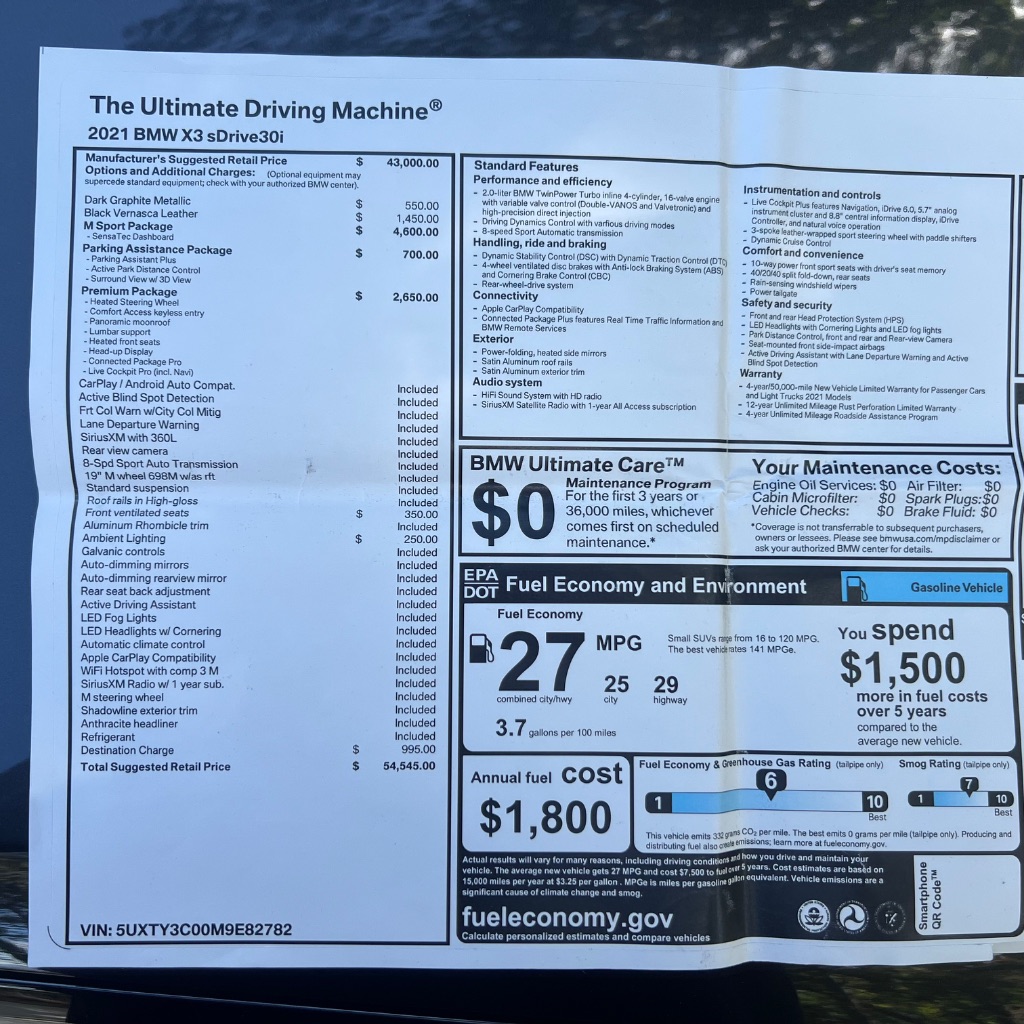 2021 BMW X3 - $13,500